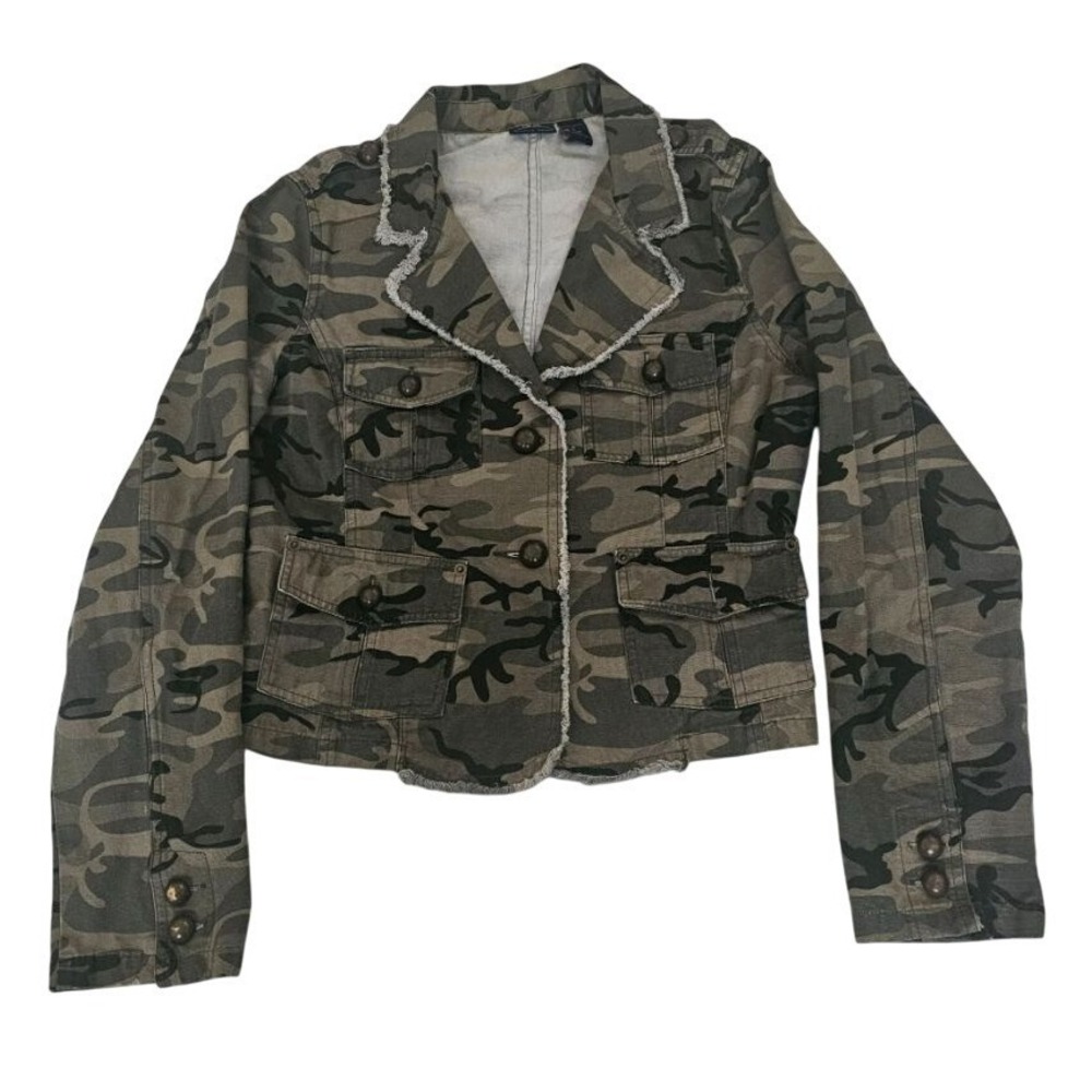 Bailey's Point Camo Print Frayed Trim Buttoned Pockets Jean Jacket Size L (11/13 - Picture 2 of 16